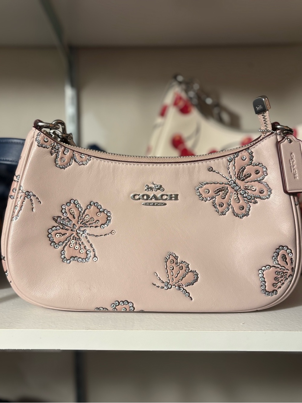COACH Blush Pink Leather Shoulder Bag with Crystal Butterfly Details